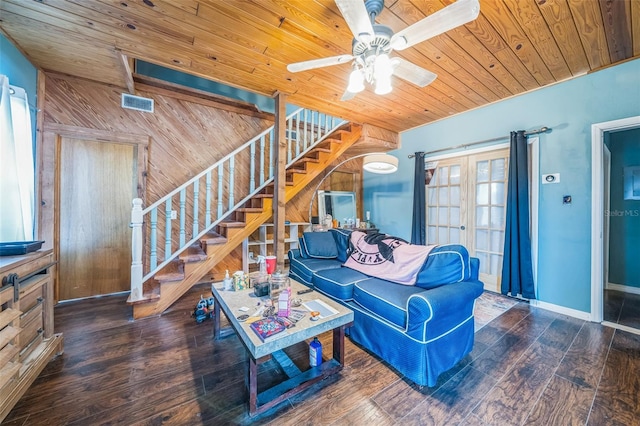 2005 SW Driftwood St, Port St Lucie, FL 34953 - living room with wood ceiling, stairs, hardwood / wood-style flooring, a ceiling fan, and wood walls