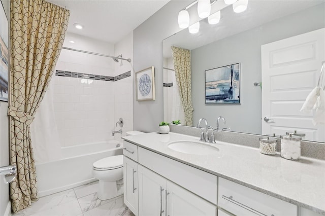 10009 Randal Walk St, Orlando, FL 32832 - full bath featuring vanity, shower / bath combo with shower curtain, recessed lighting, and marble finish flooring