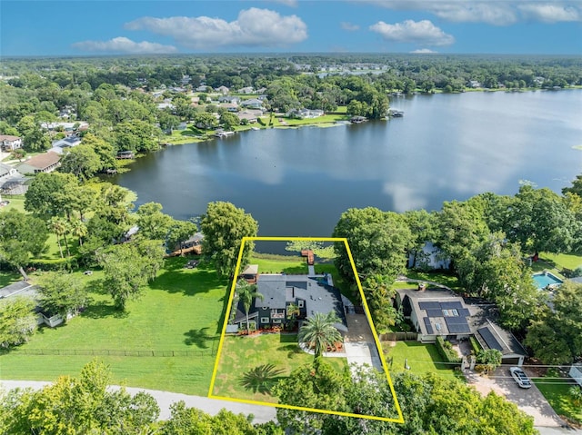 7801 Georgeann St, Winter Park, FL 32792 - aerial perspective of suburban area featuring property boundaries highlighted and a large body of water