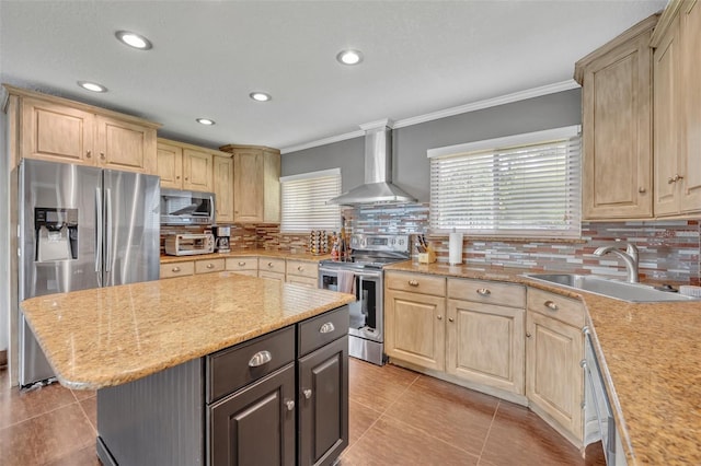 7801 Georgeann St, Winter Park, FL 32792 - kitchen featuring stainless steel appliances, wall chimney exhaust hood, light tile patterned flooring, light brown cabinetry, and crown molding