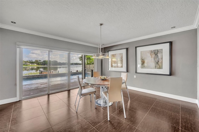 7801 Georgeann St, Winter Park, FL 32792 - dining area with ornamental molding, a textured ceiling, dark tile patterned floors, and a water view