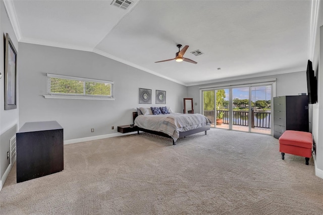 7801 Georgeann St, Winter Park, FL 32792 - carpeted bedroom with access to exterior, vaulted ceiling, multiple windows, ornamental molding, and a ceiling fan