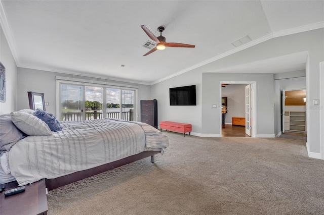 7801 Georgeann St, Winter Park, FL 32792 - carpeted bedroom with vaulted ceiling, access to outside, crown molding, and ceiling fan