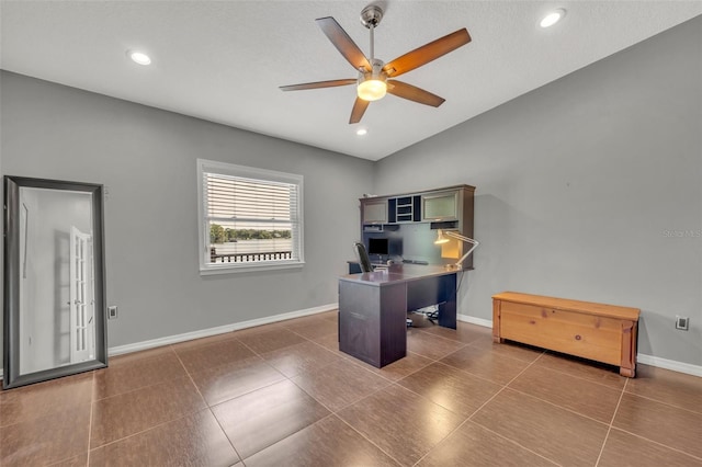 7801 Georgeann St, Winter Park, FL 32792 - tiled office space with a ceiling fan and recessed lighting