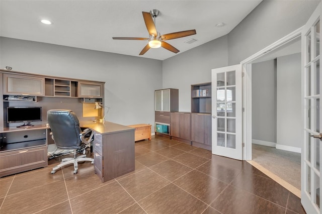 7801 Georgeann St, Winter Park, FL 32792 - office area featuring french doors, a ceiling fan, tile patterned floors, and recessed lighting