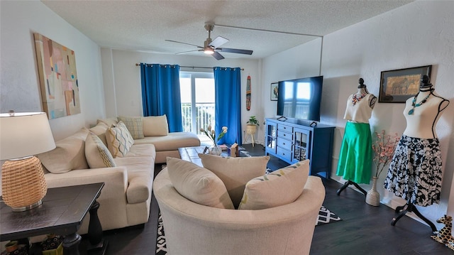 145 N Halifax Ave Unit 705, Daytona Beach, FL 32118 - living area with ceiling fan, a textured ceiling, and dark wood-type flooring