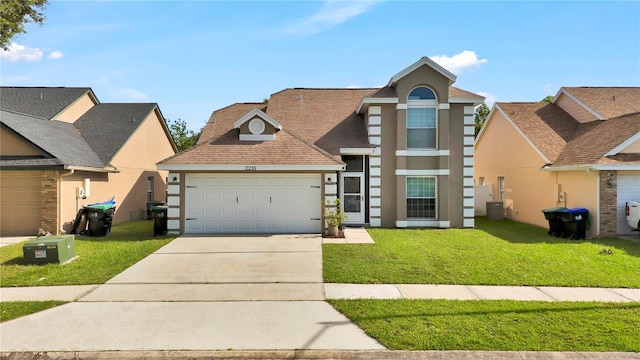 2235 Meadowmouse St, Orlando, FL 32837 - traditional home with stucco siding, a garage, a front yard, driveway, and roof with shingles