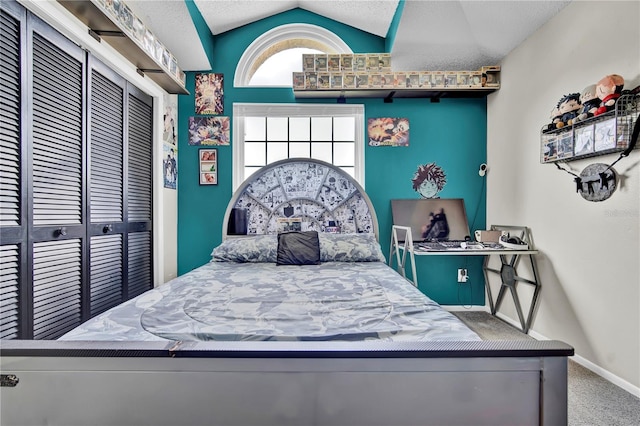 2235 Meadowmouse St, Orlando, FL 32837 - bedroom featuring lofted ceiling, carpet, a closet, and a textured ceiling