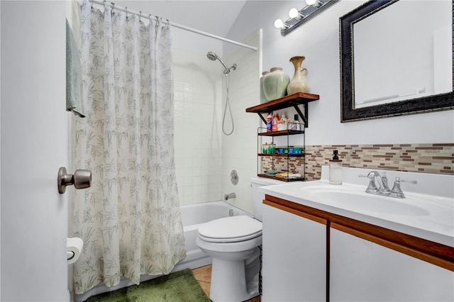 2235 Meadowmouse St, Orlando, FL 32837 - bathroom featuring shower / bathtub combination with curtain, vanity, tile patterned floors, and decorative backsplash