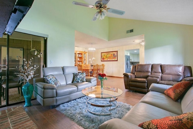 545 Mystic Wood St, Casselberry, FL 32707 - living room with wood finished floors, high vaulted ceiling, and ceiling fan