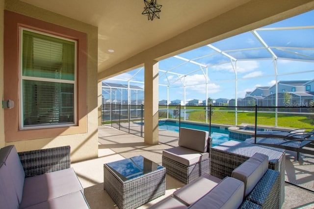 8982 Cabot Cliffs Dr, Davenport, FL 33896 - view of patio featuring an outdoor hangout area, a pool with connected hot tub, a lanai, and a residential view