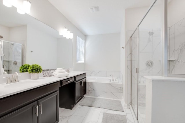 8982 Cabot Cliffs Dr, Davenport, FL 33896 - full bath with a bath, double vanity, marble look tile flooring, and a marble finish shower