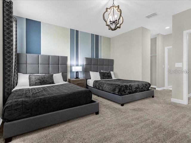 8982 Cabot Cliffs Dr, Davenport, FL 33896 - bedroom with a chandelier, carpet floors, wallpapered walls, and recessed lighting