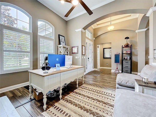 31980 Geoff Way, Sorrento, FL 32776 - office featuring arched walkways, crown molding, healthy amount of natural light, dark wood-style floors, and a ceiling fan