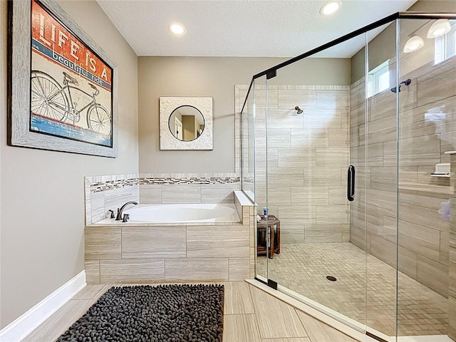 31980 Geoff Way, Sorrento, FL 32776 - full bath with a bath, a shower stall, tile patterned floors, recessed lighting, and a textured ceiling