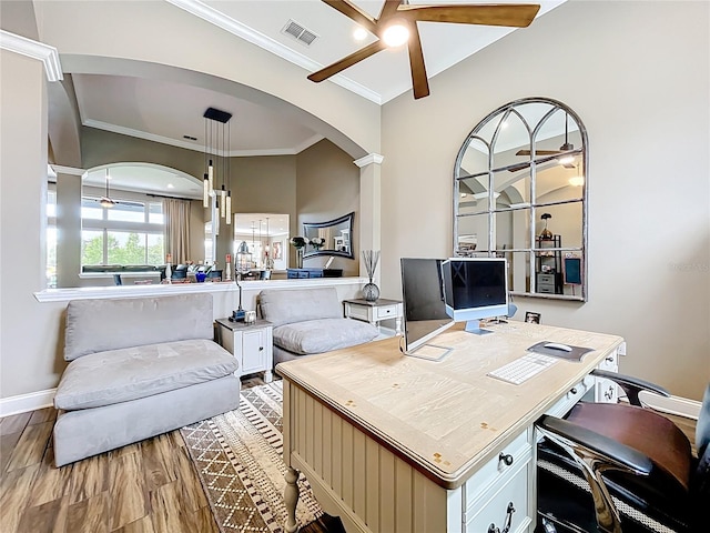 31980 Geoff Way, Sorrento, FL 32776 - office space with ceiling fan, ornamental molding, wood finished floors, and arched walkways