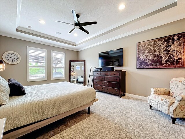 31980 Geoff Way, Sorrento, FL 32776 - bedroom with a raised ceiling, light colored carpet, recessed lighting, crown molding, and ceiling fan