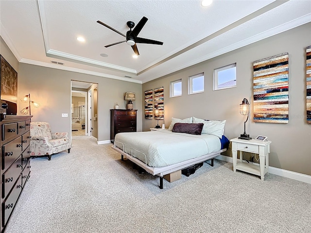 31980 Geoff Way, Sorrento, FL 32776 - bedroom featuring a raised ceiling, crown molding, light carpet, ceiling fan, and recessed lighting