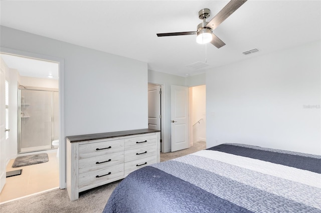 3099 Ella Way, Saint Cloud, FL 34771 - bedroom with light colored carpet, ensuite bathroom, and a ceiling fan