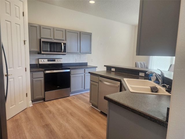 152 Glendale Ct, Kissimmee, FL 34759 - kitchen featuring appliances with stainless steel finishes, dark countertops, gray cabinetry, backsplash, and a textured ceiling