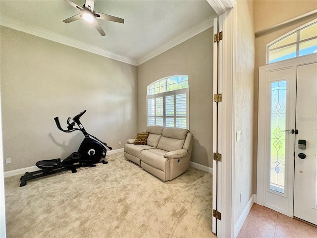 800 Sterling Chase Dr, Port Orange, FL 32128 - workout room featuring crown molding, light colored carpet, and ceiling fan