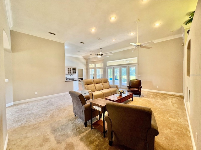 800 Sterling Chase Dr, Port Orange, FL 32128 - living area featuring carpet, ornamental molding, a ceiling fan, and recessed lighting