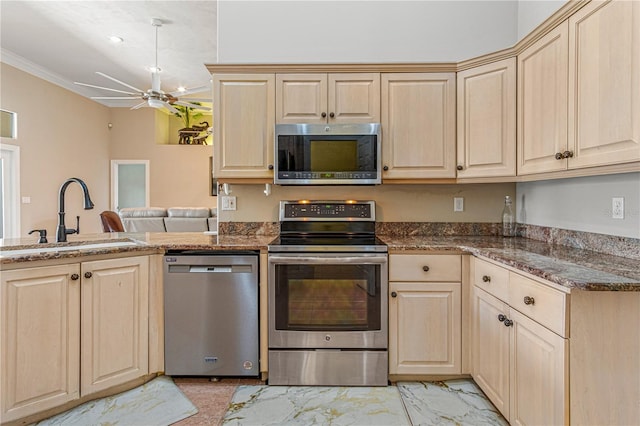 800 Sterling Chase Dr, Port Orange, FL 32128 - kitchen with appliances with stainless steel finishes, light brown cabinetry, a ceiling fan, light marble finish floors, and crown molding