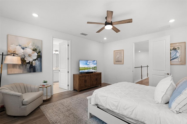 15133 Summer Harvest St, Winter Garden, FL 34787 - bedroom with wood finished floors, recessed lighting, connected bathroom, and a ceiling fan