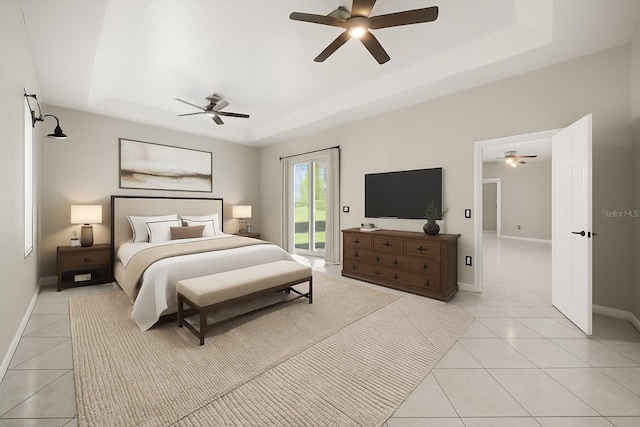 13848 Vista Del Lago Blvd, Clermont, FL 34711 - bedroom with a tray ceiling, access to exterior, light tile patterned flooring, and a ceiling fan