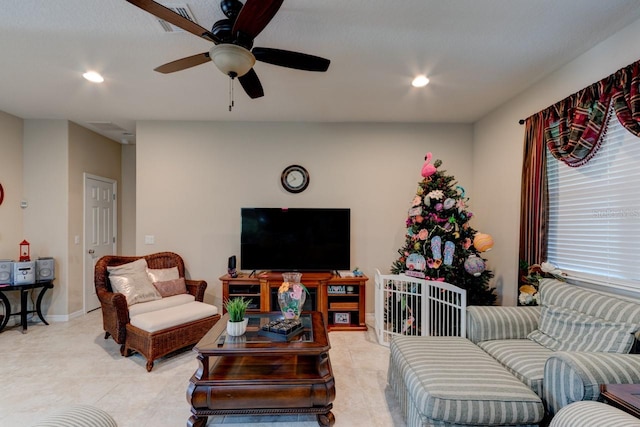 30210 Donnington Loop, Mount Dora, FL 32757 - living room featuring light tile patterned floors, recessed lighting, and ceiling fan