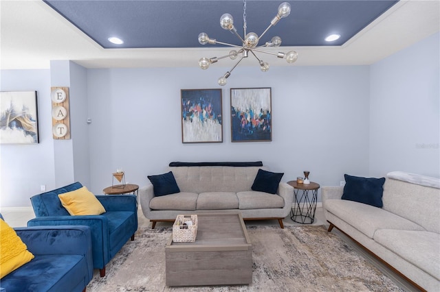 4733 Cliveden Loop, Sanford, FL 32773 - living room featuring a chandelier, a tray ceiling, and recessed lighting