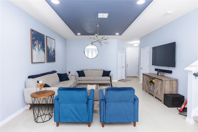 4733 Cliveden Loop, Sanford, FL 32773 - living area with recessed lighting, a chandelier, a tray ceiling, and light tile patterned flooring