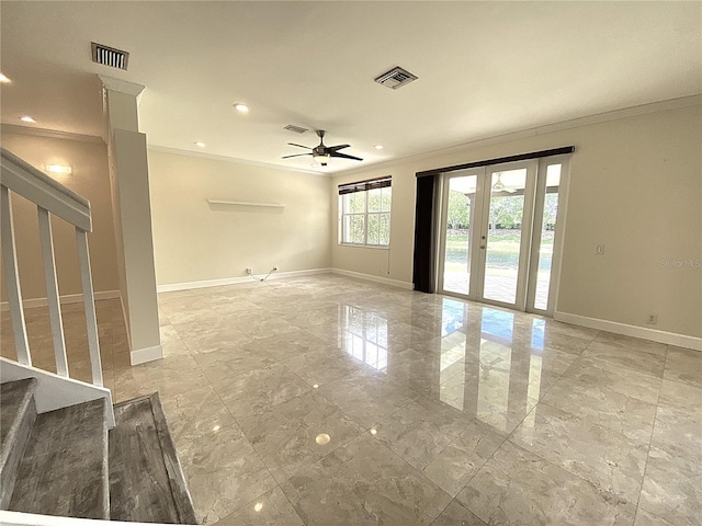 4375 Foxtail Ln, Weston, FL 33331 - unfurnished room featuring crown molding, stairs, ceiling fan, recessed lighting, and light marble finish floors