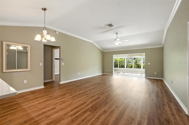 2895 Apache Ct, The Villages, FL 32163 - unfurnished living room with vaulted ceiling, a ceiling fan, wood finished floors, ornamental molding, and a chandelier