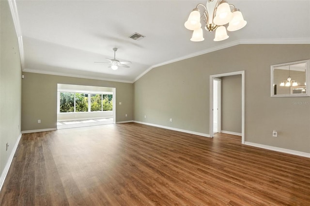 2895 Apache Ct, The Villages, FL 32163 - unfurnished living room with vaulted ceiling, a chandelier, wood finished floors, ceiling fan, and crown molding