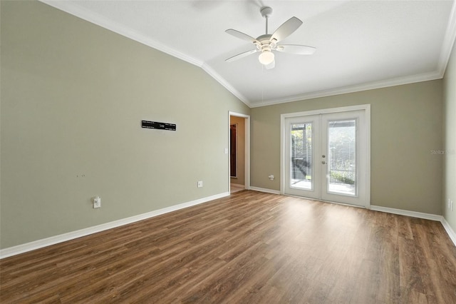 2895 Apache Ct, The Villages, FL 32163 - empty room with lofted ceiling, wood finished floors, ceiling fan, french doors, and crown molding