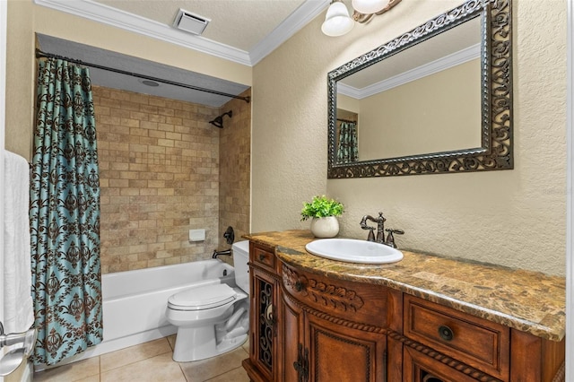 5102 Round Tree Ct, Orlando, FL 32819 - bathroom featuring shower / bathtub combination with curtain, vanity, tile patterned floors, crown molding, and a textured wall