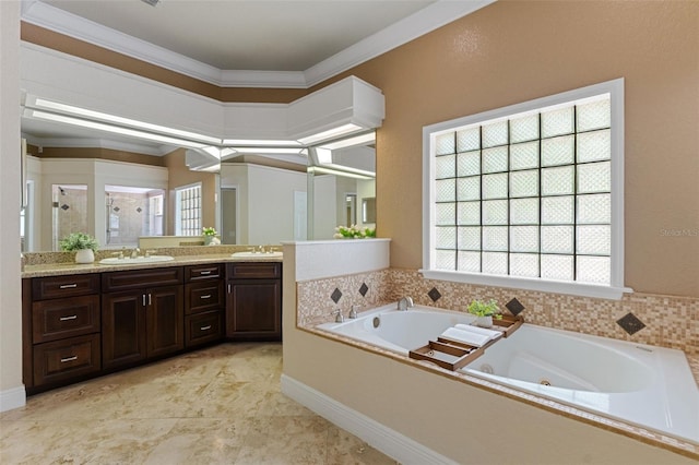 5102 Round Tree Ct, Orlando, FL 32819 - bathroom with double vanity, healthy amount of natural light, a stall shower, a jetted tub, and crown molding