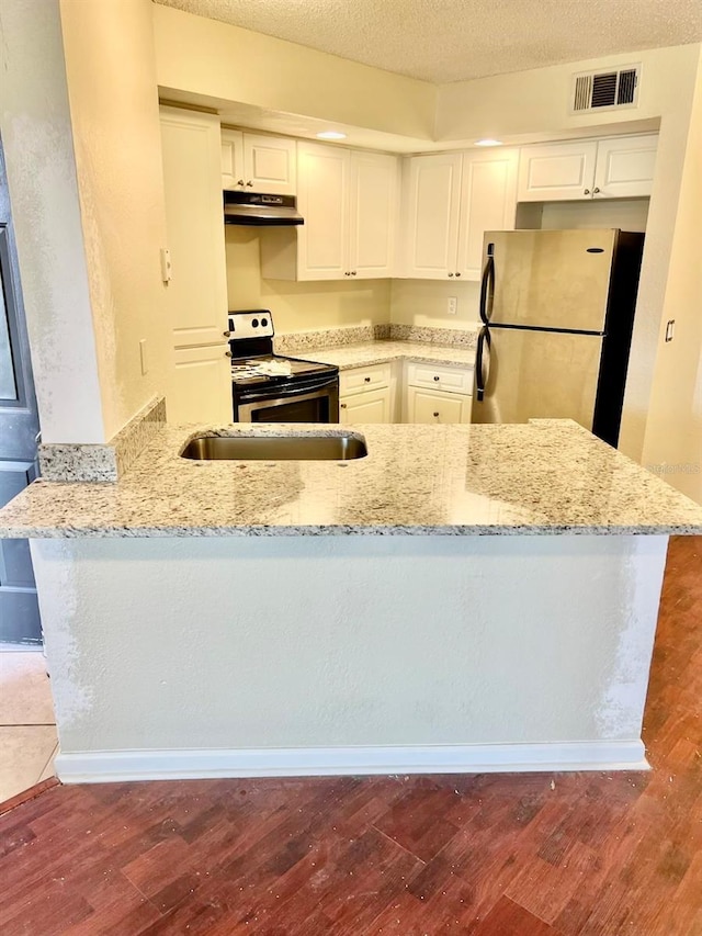 4606 Commander Dr Unit 1126, Orlando, FL 32822 - kitchen featuring appliances with stainless steel finishes, under cabinet range hood, light stone counters, dark wood finished floors, and a textured ceiling
