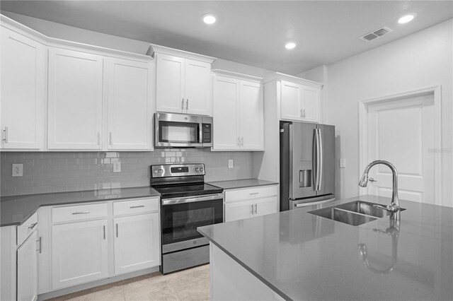 6449 Sprucepine Ln, Saint Cloud, FL 34771 - kitchen featuring appliances with stainless steel finishes, white cabinetry, dark countertops, and recessed lighting