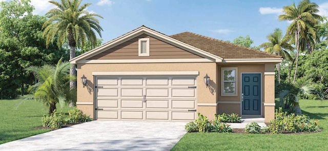 3355 Wynwood Forest Dr, Ocoee, FL 34761 - ranch-style house with stucco siding, a front lawn, concrete driveway, and an attached garage