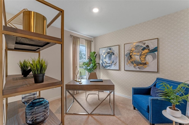 3349 Wynwood Forest Dr, Ocoee, FL 34761 - carpeted home office with wallpapered walls