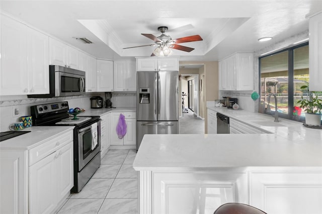 2113 Lochmoor Cir, North Fort Myers, FL 33903 - kitchen with stainless steel appliances, a raised ceiling, a peninsula, backsplash, and light countertops
