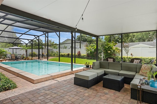 1850 Geronimo Trl, Maitland, FL 32751 - view of swimming pool with an outdoor living space, a patio, a fenced backyard, and glass enclosure