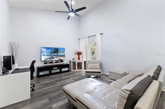 16602 Citrus Pkwy, Clermont, FL 34714 - living room featuring an office area, high vaulted ceiling, wood finished floors, and ceiling fan