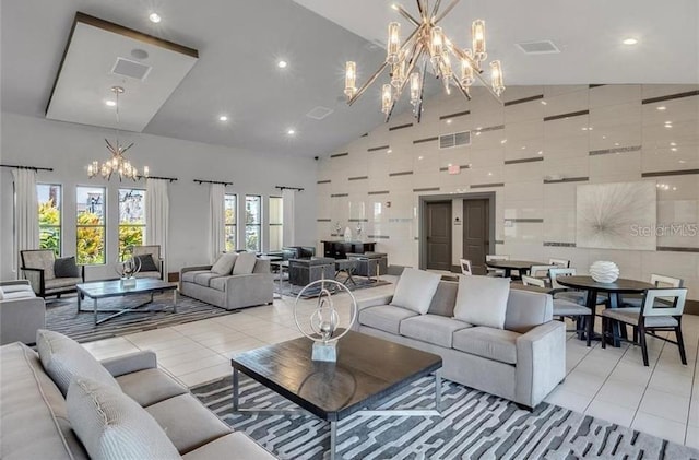 14007 Picard Aly, Winter Garden, FL 34787 - living room featuring a chandelier, high vaulted ceiling, light tile patterned floors, and recessed lighting
