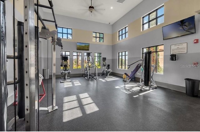 14007 Picard Aly, Winter Garden, FL 34787 - exercise room featuring a ceiling fan, a towering ceiling, and recessed lighting