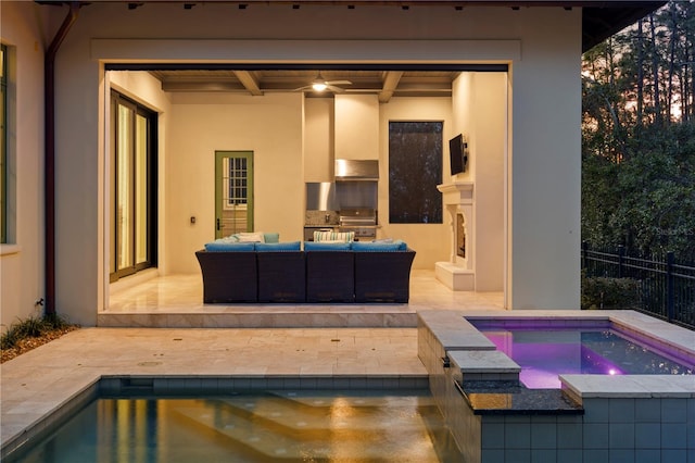 10143 Mattraw Pl, Golden Oak, FL 32836 - view of pool featuring an outdoor hangout area, a patio, an in-ground hot tub, and an outdoor kitchen