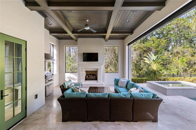 10143 Mattraw Pl, Golden Oak, FL 32836 - view of patio featuring grilling area, an outdoor living space with a fireplace, and a ceiling fan