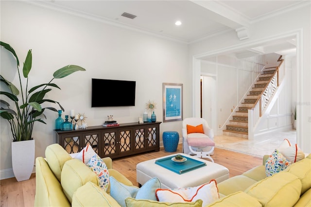 10143 Mattraw Pl, Golden Oak, FL 32836 - living room with stairway, wood finished floors, crown molding, and recessed lighting